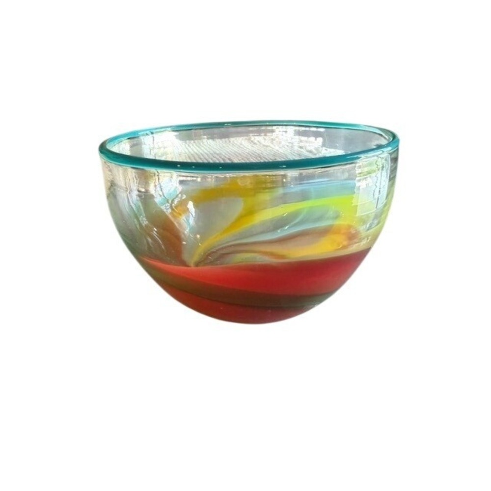 Matt Clark Signed 2009 Hand Blown Studio Art Glass Swirl Bowl Red Yellow Teal